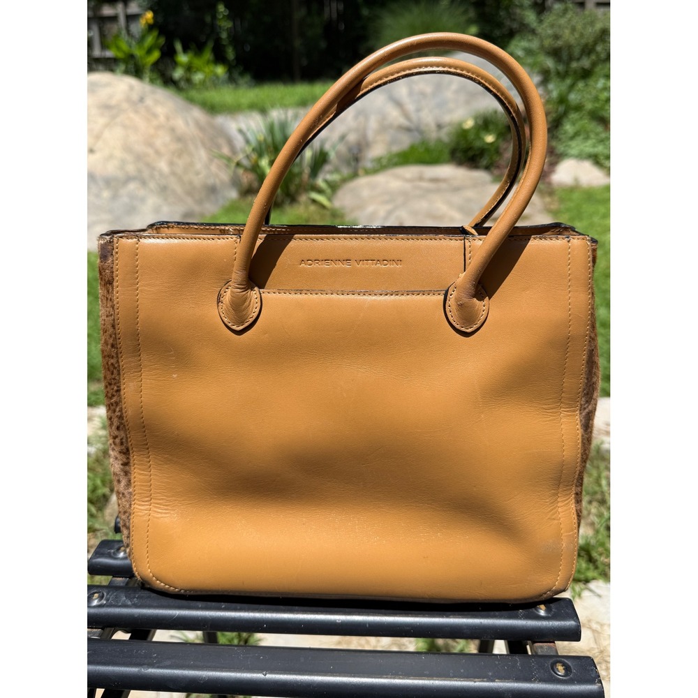 Adrienne Vittadini Tan Leather Calf Hair‎ Animal Print Tote Handbag Satchel Bag